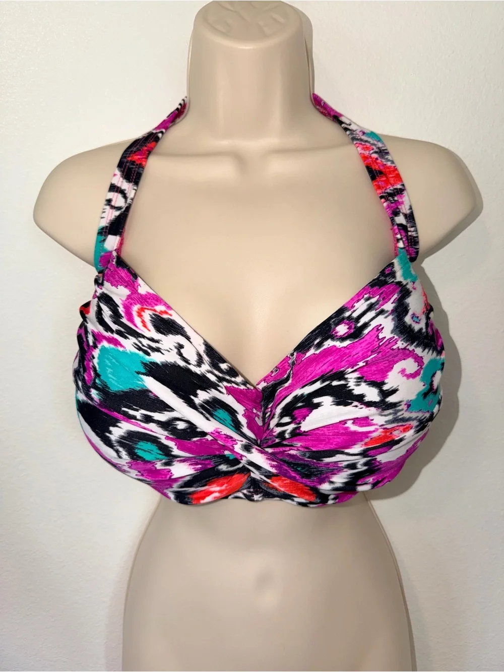 VM Halter Bikini Top in Fuchsia, Teal & Black Abstract Print